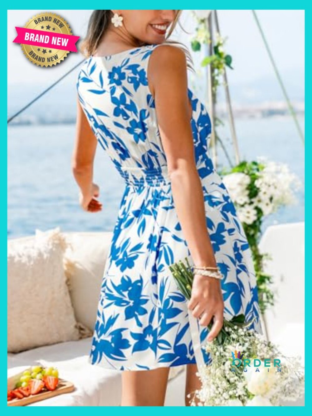 Women Ruffle Summer Dress Plunge V Lace Neck Smocked Waist Mini Beach Vacation - Picture 2 of 6